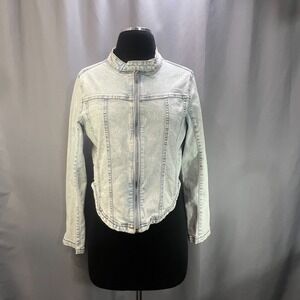 Reserve Fairfax Denim Moto Jacket Womens Medium Blue Cotton Full‎ Zip Corset Hem